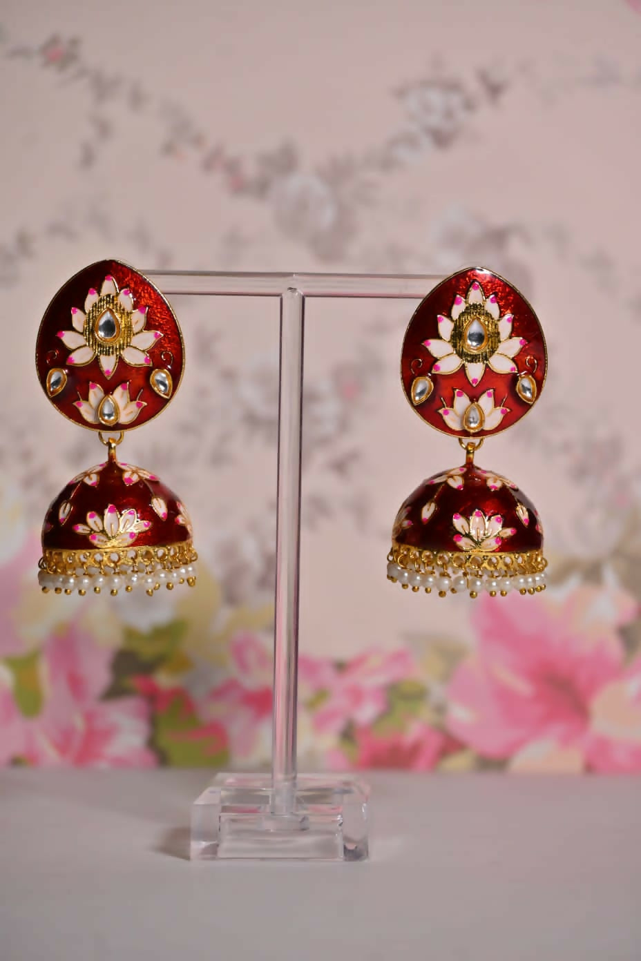 Maroon Hand Painted Ethnic Meenakari Jhumki Earrings By House of Ree - Swadesiicart