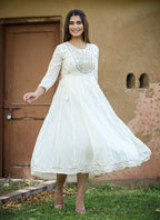 Kaajh Women's White Floral Embroidered Cotton Ethnic Dress | Grocsy