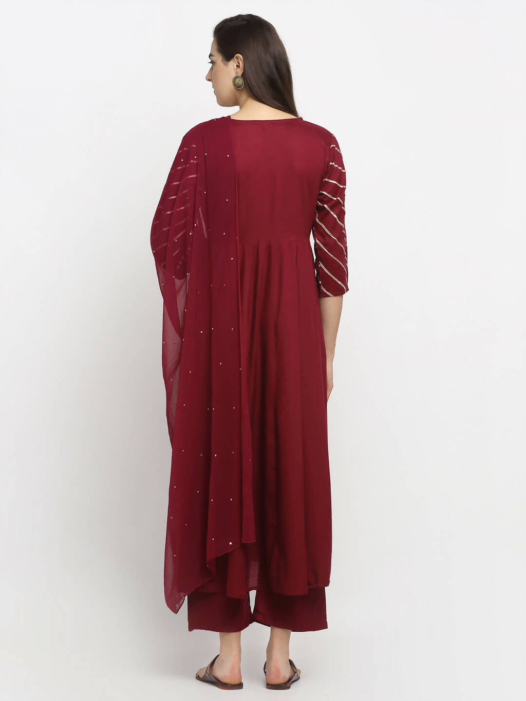 Rudra Bazaar Wine Angrakha Style Flared Anarkali Kurta with Pyjamas & Dupatta | Grocsy