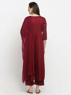 Rudra Bazaar Wine Angrakha Style Flared Anarkali Kurta with Pyjamas & Dupatta | Grocsy