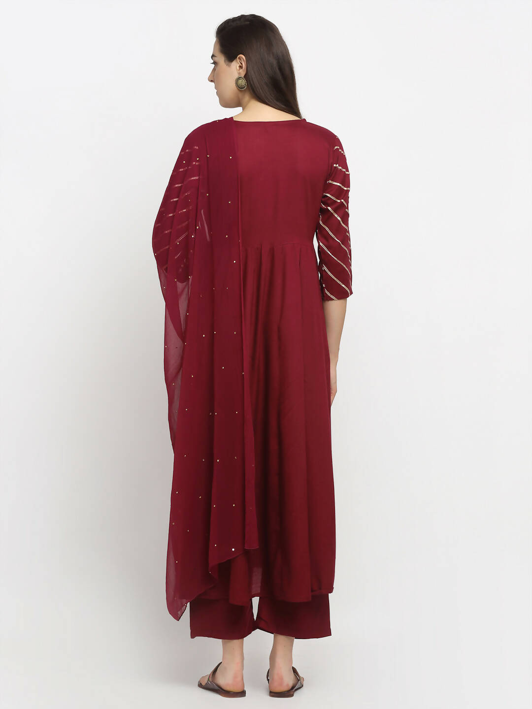 Rudra Bazaar Wine Angrakha Style Flared Anarkali Kurta with Pyjamas & Dupatta | Grocsy