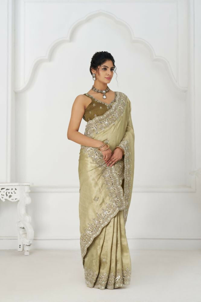 Kesar Fab Latest Chiku/ Champagne Pure Dola Viscouse Silk With Sequins And Beads Embroidery For Festivals Saree | Grocsy
