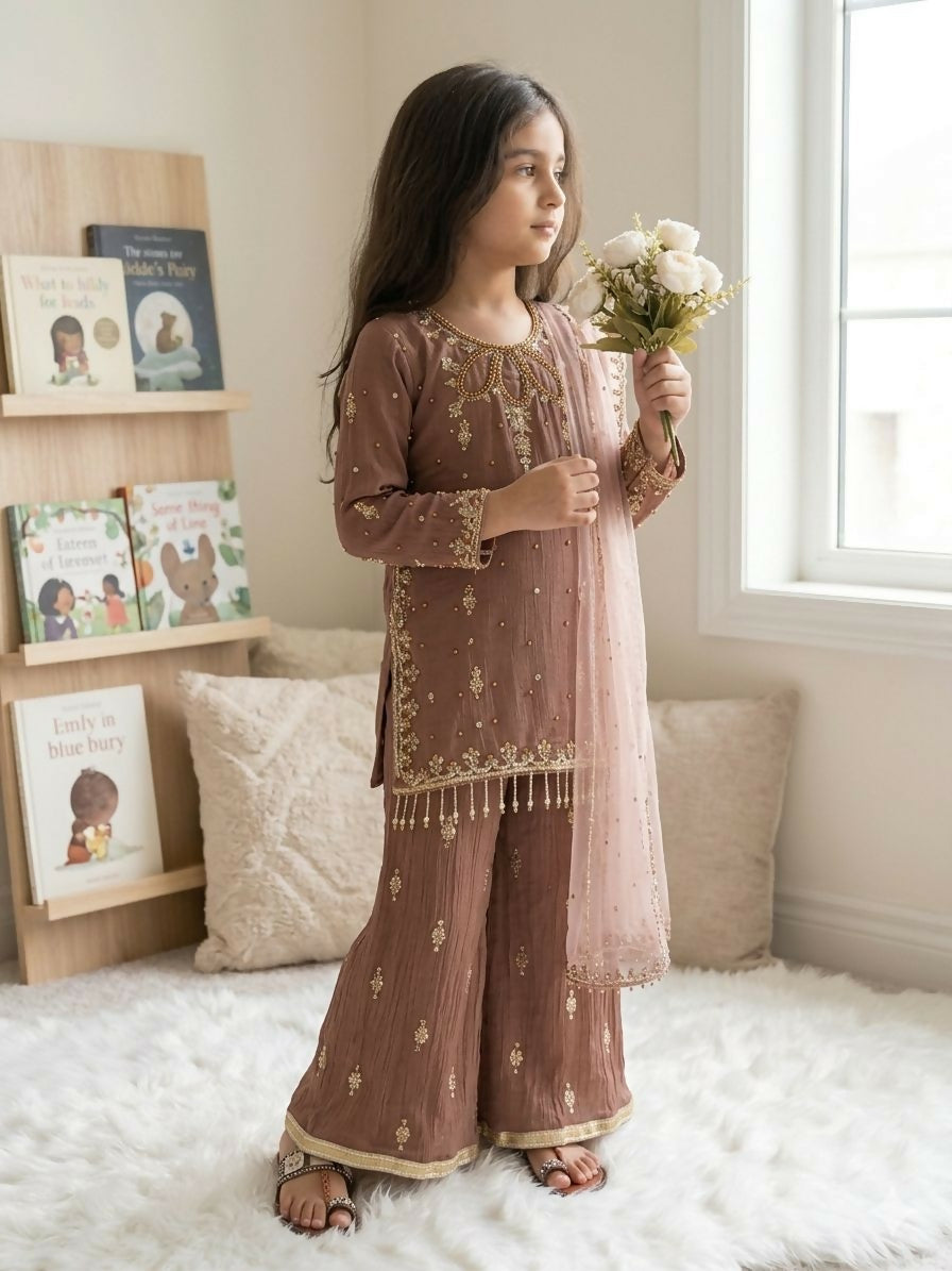 Teeya Creation New Latest Kids Trendy Ready to Wear Kurta Palazzo Set-Brown | Grocsy