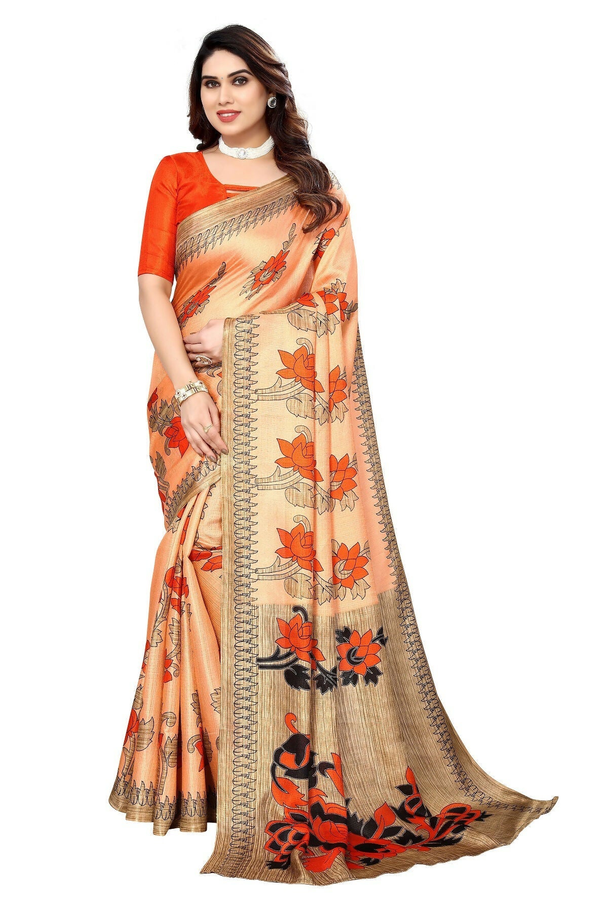 Vamika Orange Printed Art Silk Saree | Grocsy
