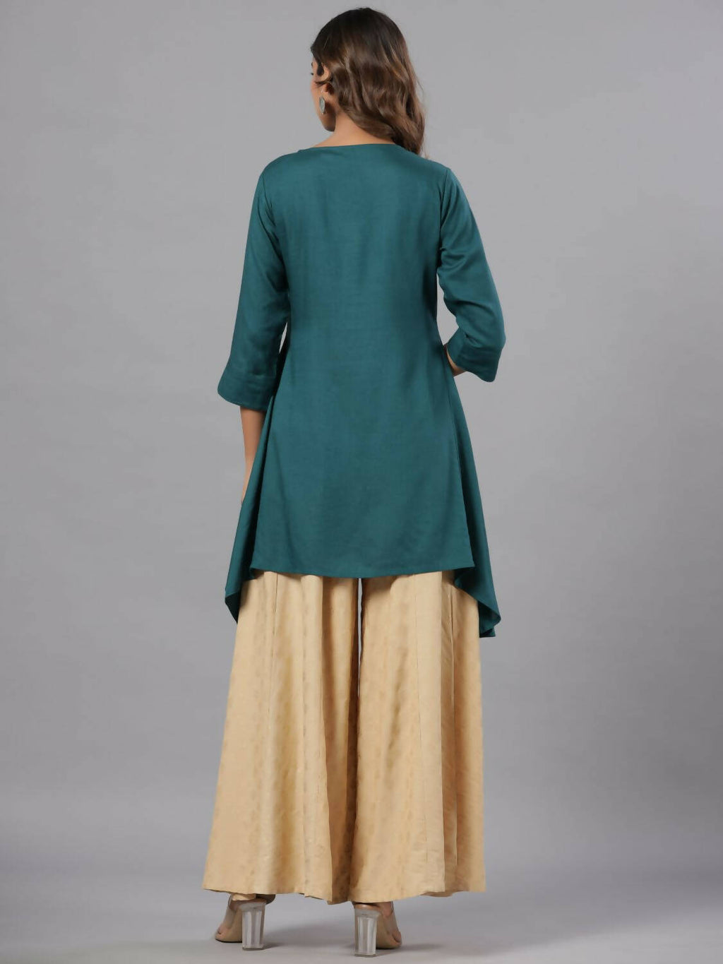 Juniper Women Teal Rayon Solid Asymmetric Kurta | Grocsy
