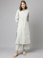 FIORRA Women's Off White Cotton A-Line Kurta Palazzo Set | Grocsy