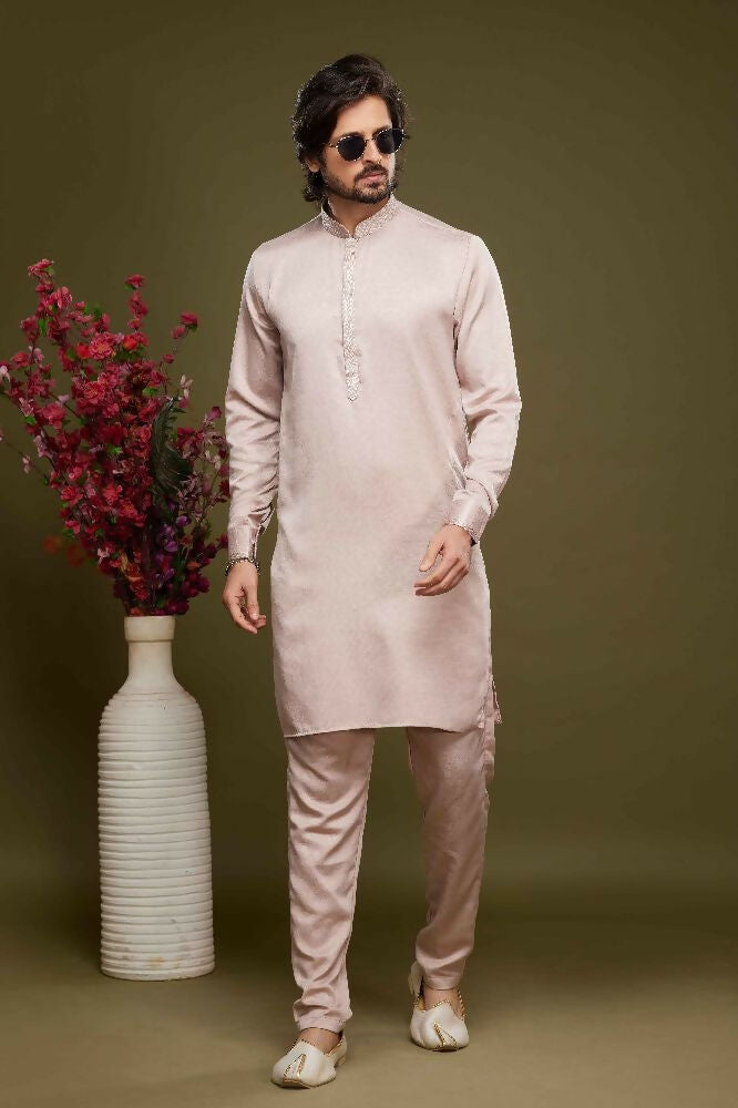 Raivat Ethnic Art Banarasi Silk Thread Work Kurta Pajama In Peach Colour | Grocsy