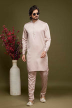 Raivat Ethnic Art Banarasi Silk Thread Work Kurta Pajama In Peach Colour | Grocsy