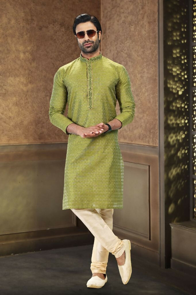 Raivat Ethnic Jacquard Art Silk Mirror and Thread Work Kurta Pajama In Green Colour | Grocsy