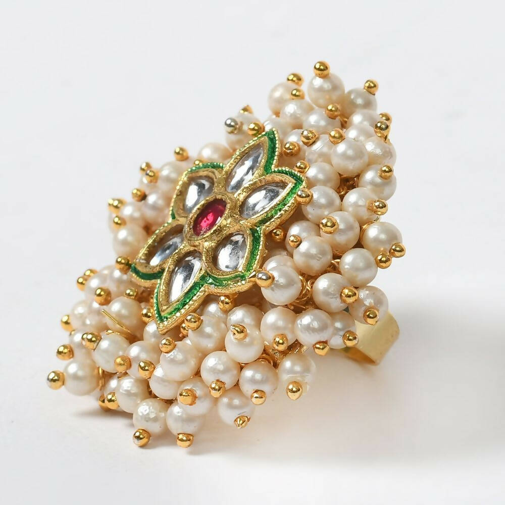 Mominos Fashion Joharkamal Gold-Polished with Pearls Adjustable Finger Ring | Grocsy