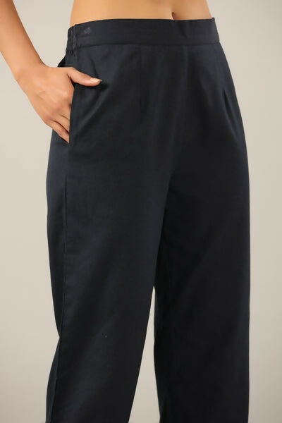 Juniper Navy Blue Solid Cotton Flex Pants With Printed Hem, Pintucks & Lace Work | Grocsy