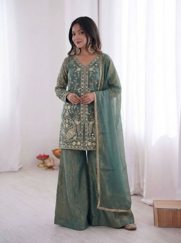 Teeya Creation Teal Color Fendy Silk Embroidery Work Wedding Wear Salwar Suit | Grocsy