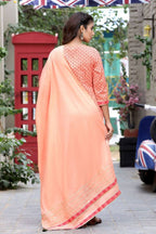 Yufta Women Peach Floral Mirror Work Pure Cotton Kurta with Trouser and Dupatta | Grocsy