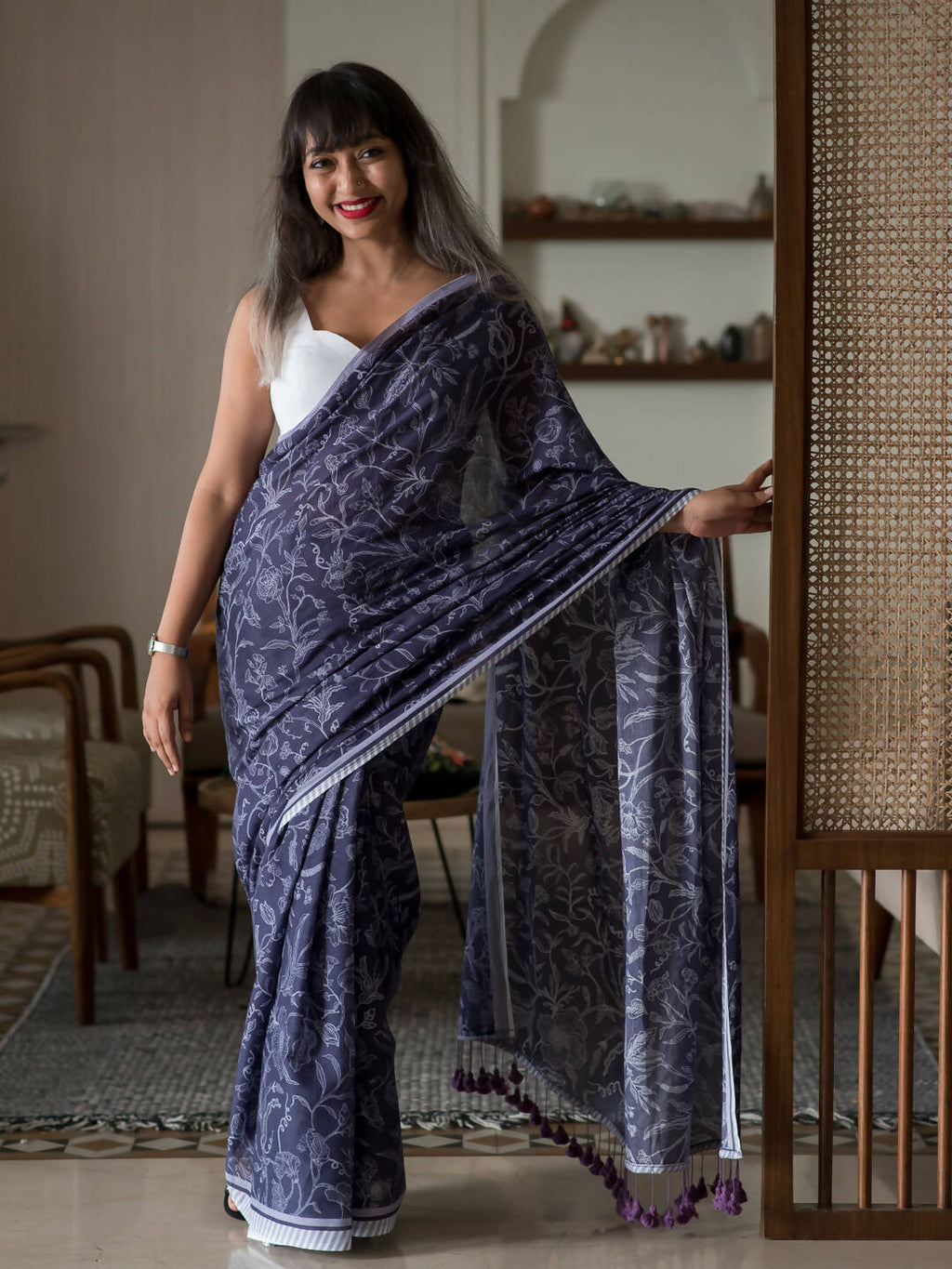 Suta Purple Floral Pure Cotton Saree | Grocsy
