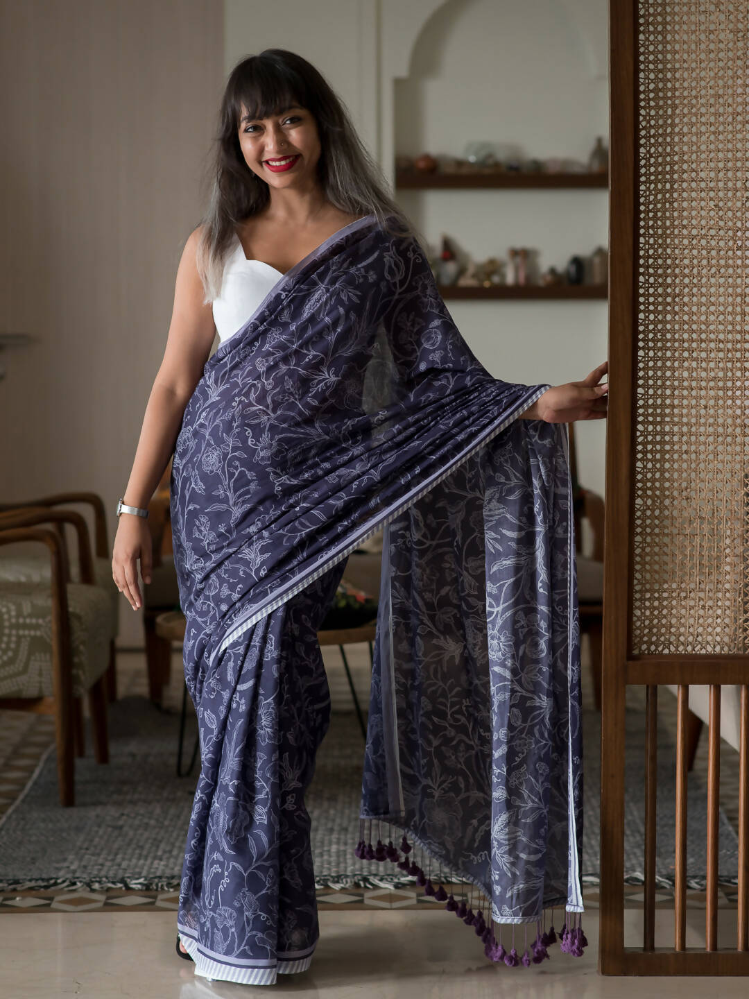 Suta Purple Floral Pure Cotton Saree | Grocsy