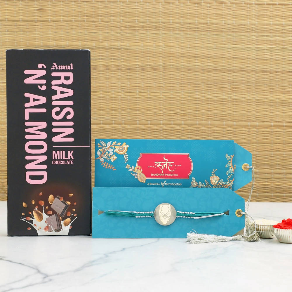 Black Panther Rakhi & Amul Raisin N Almond Chocolate | Grocsy