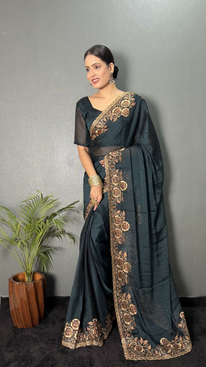 Vastranavya Morpeach Rangoli Silk Zari work with DMC Swarovski work Ready to Wear Saree | Grocsy