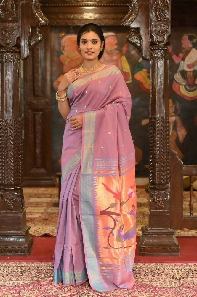 Very Much Indian Handloom Pure Cotton Paithani Peacock Pallu-Dual Tone Blue Pink | Grocsy