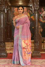 Very Much Indian Handloom Pure Cotton Paithani Peacock Pallu-Dual Tone Blue Pink | Grocsy