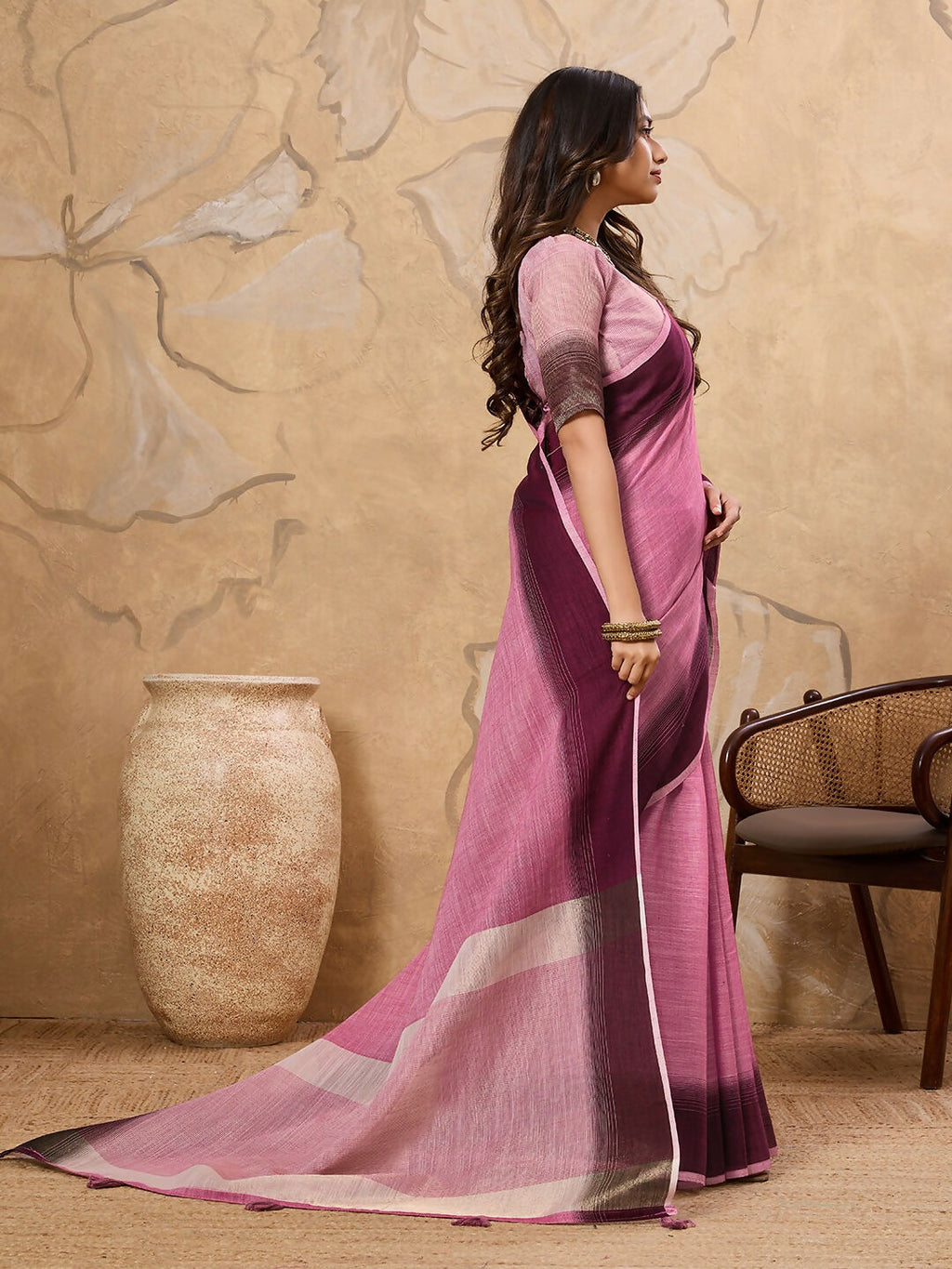 Shree Shyam Fashion Rani Pink Linen Saree | Grocsy