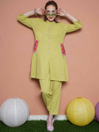 Women Republic Green Cotton Kurta Set With Embroidered Pockets | Grocsy
