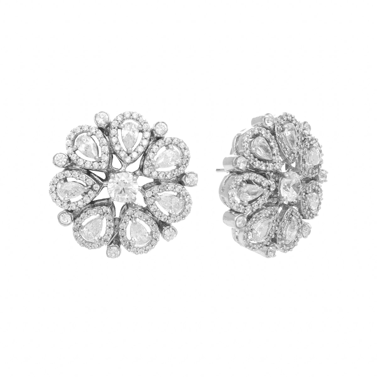 Nuyug Rhodium-Plated Zircon Studded Floral Statement Stud Earrings | Grocsy