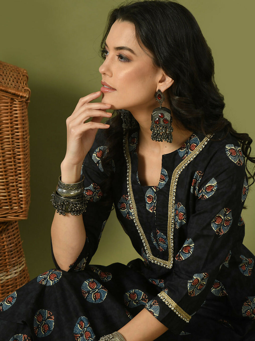 Myshka Women's Black Printed Cotton Straight Party Kurta Set With Dupatta | Grocsy