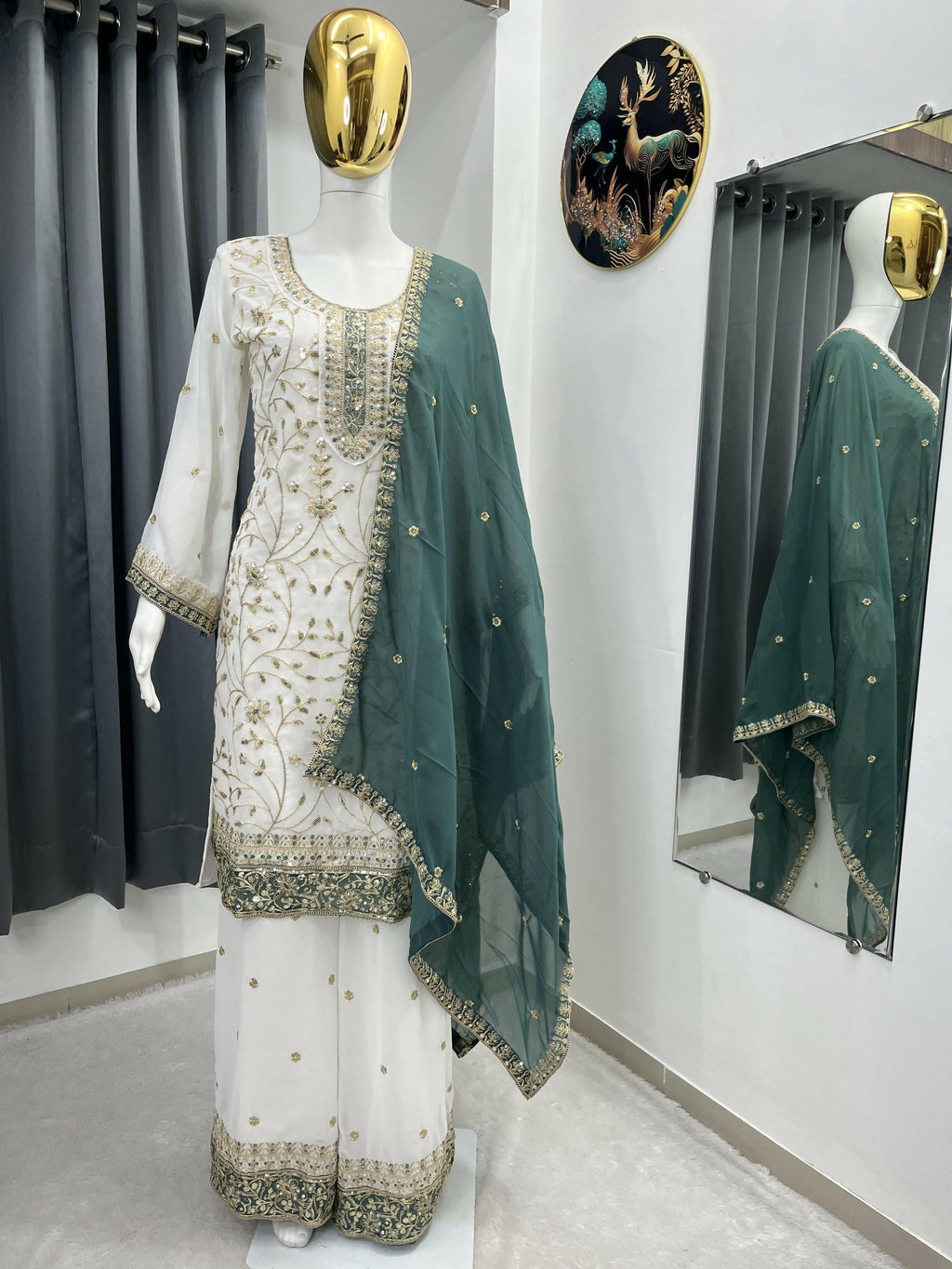 Teeya Creation White Color Faux Georgette Embroidery Work Long Party Wear Palazzo Suit | Grocsy