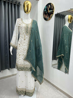 Teeya Creation White Color Faux Georgette Embroidery Work Long Party Wear Palazzo Suit | Grocsy