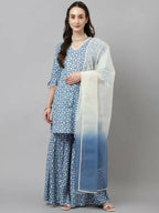 FIORRA Women's Sky Blue Pure Cotton A-Line Kurta & Sharara With Dupatta | Grocsy