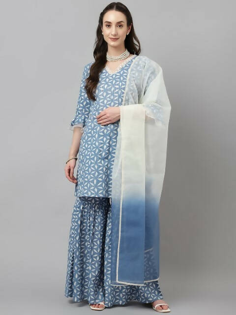 FIORRA Women's Sky Blue Pure Cotton A-Line Kurta & Sharara With Dupatta | Grocsy