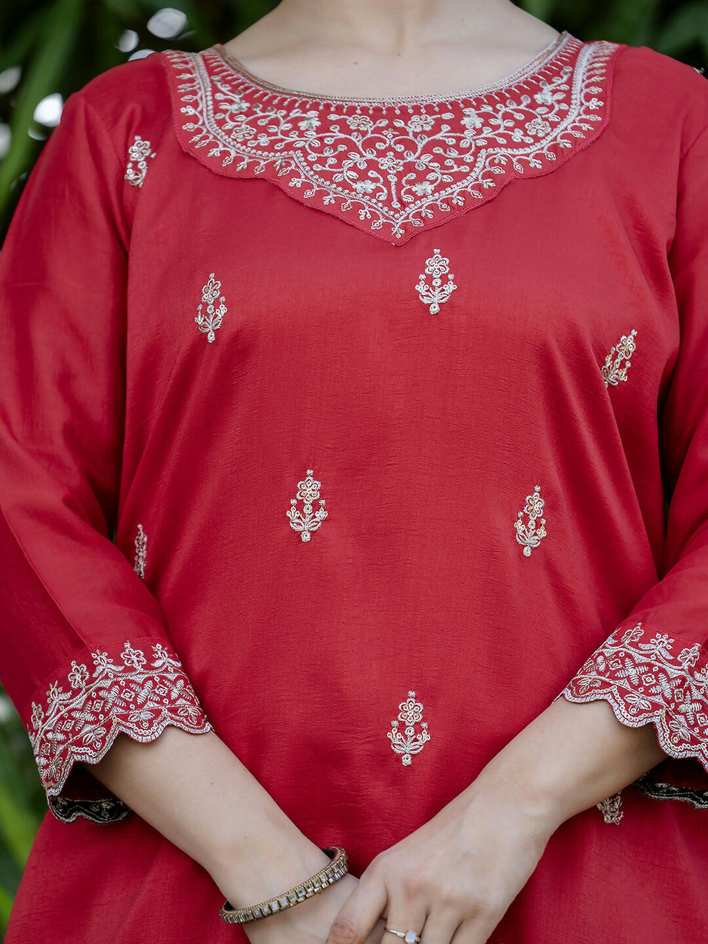 The52 Red Women's Gorgeous Embroidered Vichitra Silk Fabric Straight Kurta, Sharara and Dupatta Set | Grocsy