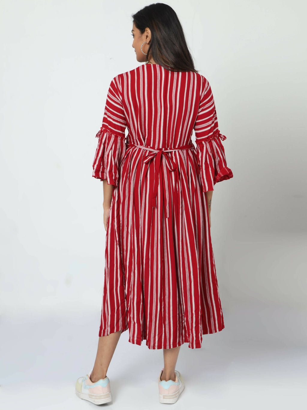 Manet Three Fourth Maternity Dress With Concealed Zipper Nursing Access - Red | Grocsy