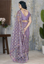 Vastranavya Soft Crush Georgette With Embroidery and Foil Multi Thread Work Saree - Lavender | Grocsy