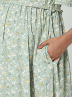 Manet Frill Slevees Maternity Dress Floral Print With Concealed Zipper Nursing Access - Green | Grocsy