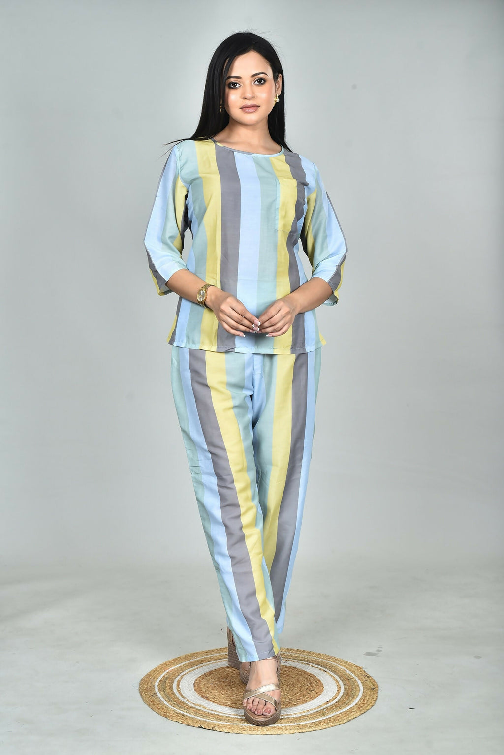Morchari Digital Print Semi Muslin Co-Ord Set Top & Trouser-Multicolor | Grocsy