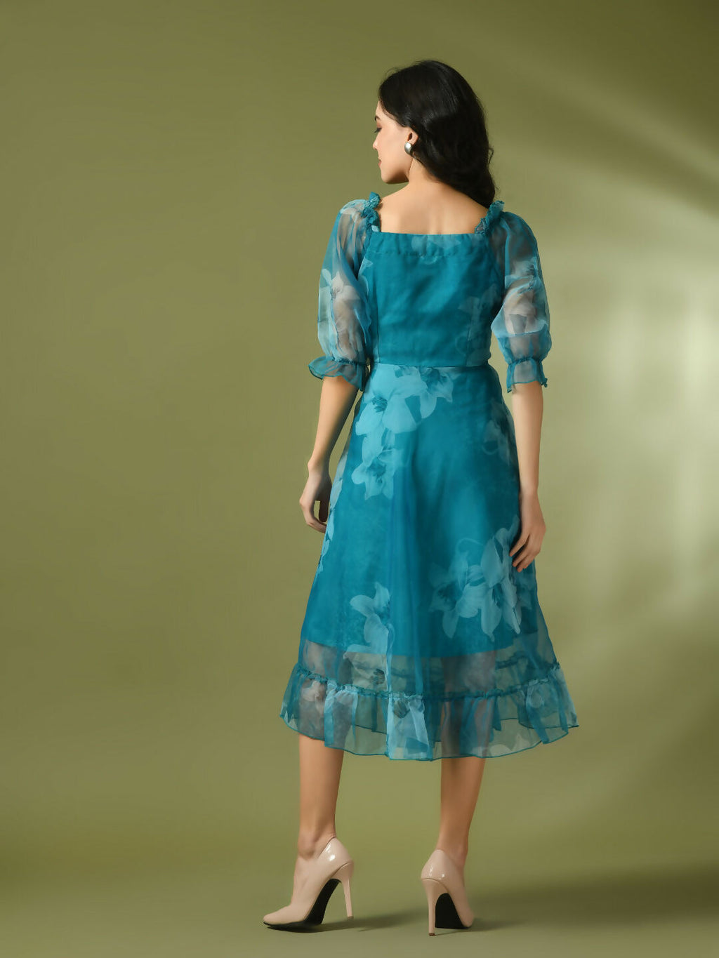 Myshka Women's Teal Printed Square Neck Fit and Flare Party Dress | Grocsy