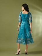 Myshka Women's Teal Printed Square Neck Fit and Flare Party Dress | Grocsy