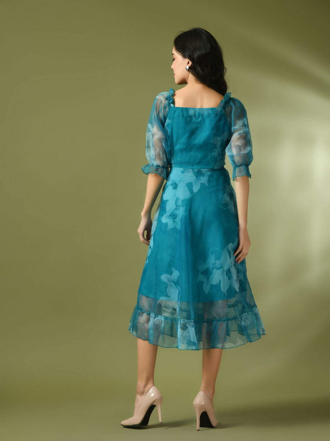 Myshka Women's Teal Printed Square Neck Fit and Flare Party Dress | Grocsy