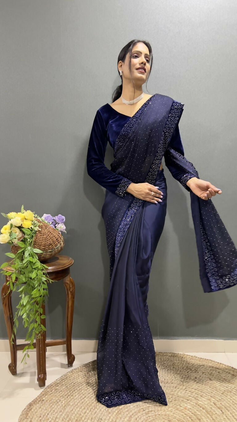 Vastranavya Dark Purple Rangoli Silk Swarovski work Ready to Wear Saree | Grocsy