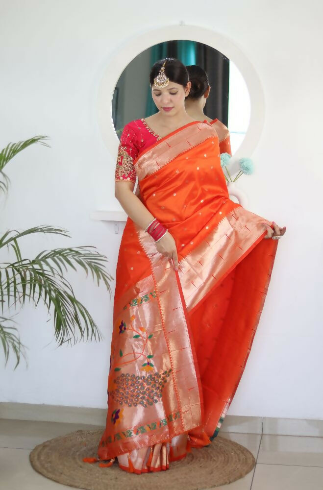 Orange Woven Jacquard Designer Embroidery Work Party Wear Saree - Parampara | Grocsy