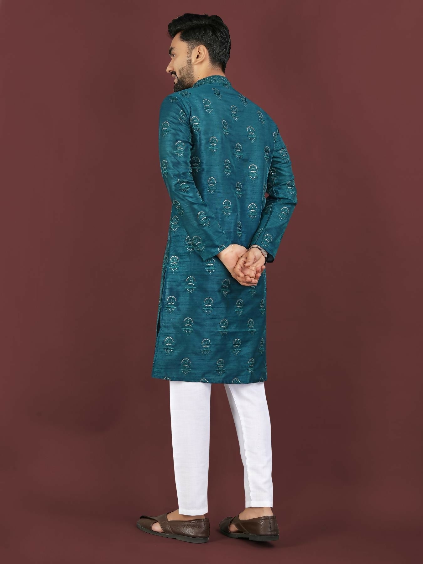 Anaita Teal Embroidered Silk Straight Kurta | Grocsy