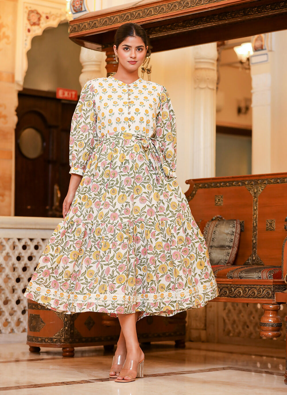 Kaajh Women's White-Pink Floral Print Handblock Dress | Grocsy