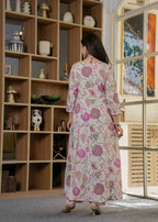 Jaimini Women Cotton Printed Round Neck 3/4 Sleeves Calf Length Flared Kurta Pant And Dupatta Set | Grocsy