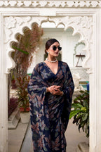 Vastranavya Navy Blue Lurex Brasso Floral Printed Saree with Unstitched Blouse | Grocsy