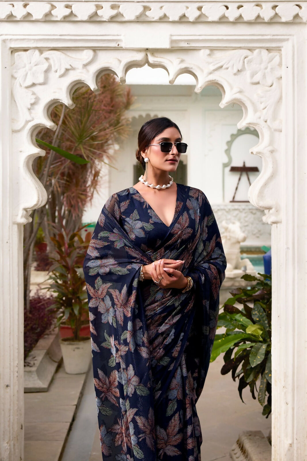 Vastranavya Navy Blue Lurex Brasso Floral Printed Saree with Unstitched Blouse | Grocsy