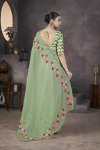 Vastranavya Green Soft Crush Georgette Thread Embroidery work of Leaf Pattern with Patched Lace Border Saree | Grocsy