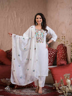 Ethnic Festive Wear Chanderi with Cotton Lining White Stitched Suit With Dupatta - Tanisha | Grocsy