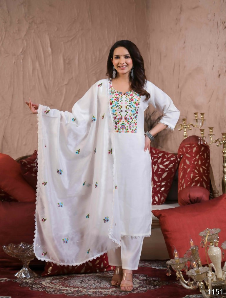Ethnic Festive Wear Chanderi with Cotton Lining White Stitched Suit With Dupatta - Tanisha | Grocsy
