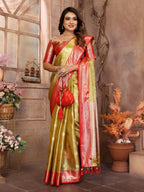 Anaita Golden Tissue Silk With Zari Weaving Saree With Blouse | Grocsy